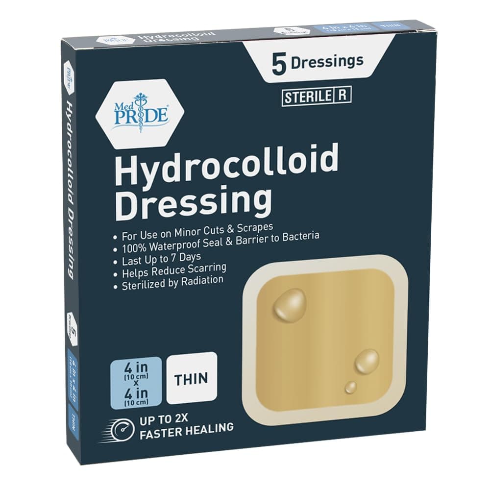 MED PRIDE Hydrocolloid 4'' X 4'' Wound Pads | 5 Pack Sterile Adhesive Adhesives | Individually Packed, Highly Absorbent, Water Resistant & Comfortable | Multi-Day Use