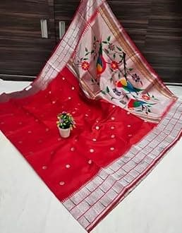 SATIKA RITI Women's Paithani Kanjivaram Pure Silk Handloom Saree Pure Silver Zari With Blouse Piece