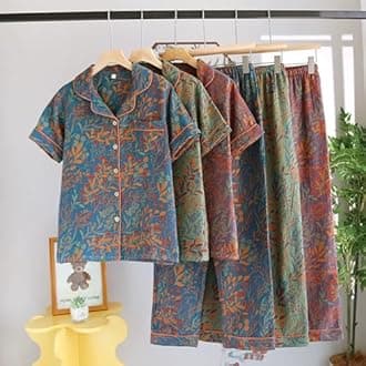 LinZong Vintage Leaf Cotton Lapel Loungewear Set,Colorful Floral Long Sleeve Trousers Cardigan,Women's Pajama Two Piece Set (L, C Blue)