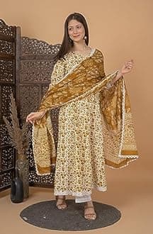 Meera Fab Women's Cotton Printed Blue Anarkali Kurta With Palazzo & Dupatta