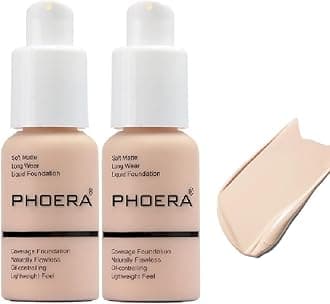 2 Pack Matte Oil Control Concealer Foundation Cream,PHOERA New 30ml Long Lasting Waterproof Matte Liquid Foundation (101 Porcelain)