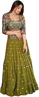 indian readymade Banarasi Satin Navratri bridal lehenga choli for women flared party night with stitched blouse (B, 32)
