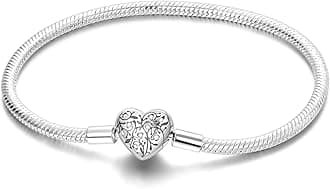 Charm Bracelet for Women Sterling Silver, Heart Clasp Snake Chain Bracelet Travel Charm Moments European Bracelet Jewelry Compatible with Pandora Charms, Gift for Her