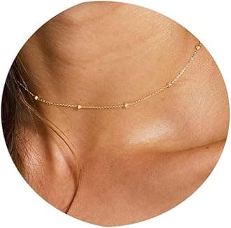 Tewiky Gold Chain Necklace for Women, 14k Gold Plated Thin Beaded Wave Box Chain Necklace Dainty Gold Necklace Simple Layered Gold Choker Necklaces Minimalist Gold Link Chain Necklace Trendy Jewelry for Women
