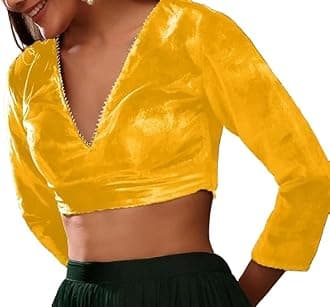 The India's Store Indian Women's Stylist Velvet Saree Blouse Stitched, Sari Choli/Top V-Neck, 3/4 Sleeve with Gotta Patti