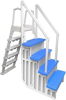 Aqua SelectAnti-Slip in-Pool Steps with Outside Flip-Up Ladder | White/Blue Steps | for Above Ground Swimming Pools | Can Mount to Decks 48" to 54" H | Safety Stairs Capacity Up to 250 lbs