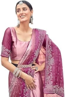 SIRIL Women's Georgette Hot Fixing Stone Work Saree with Unstitched Blouse Piece