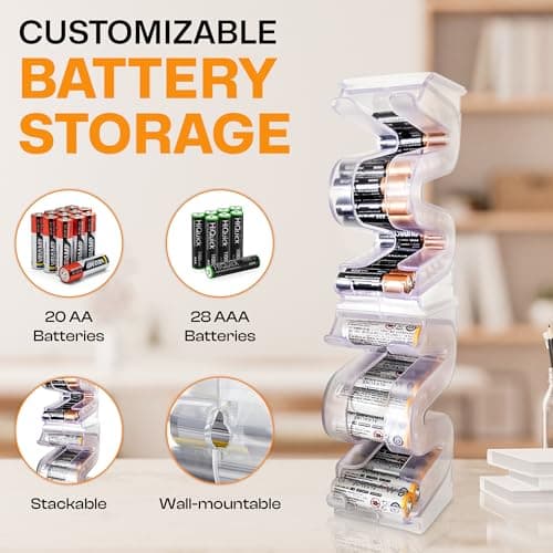 Battery Ladder Organizer Case for AA & AAA Batteries - Stackable or Mounted Vertical Storage Battery Dispenser for Home, Garage, & Workshop (2 -Pack, Holds 20 AA & 28 AAA Batteries)