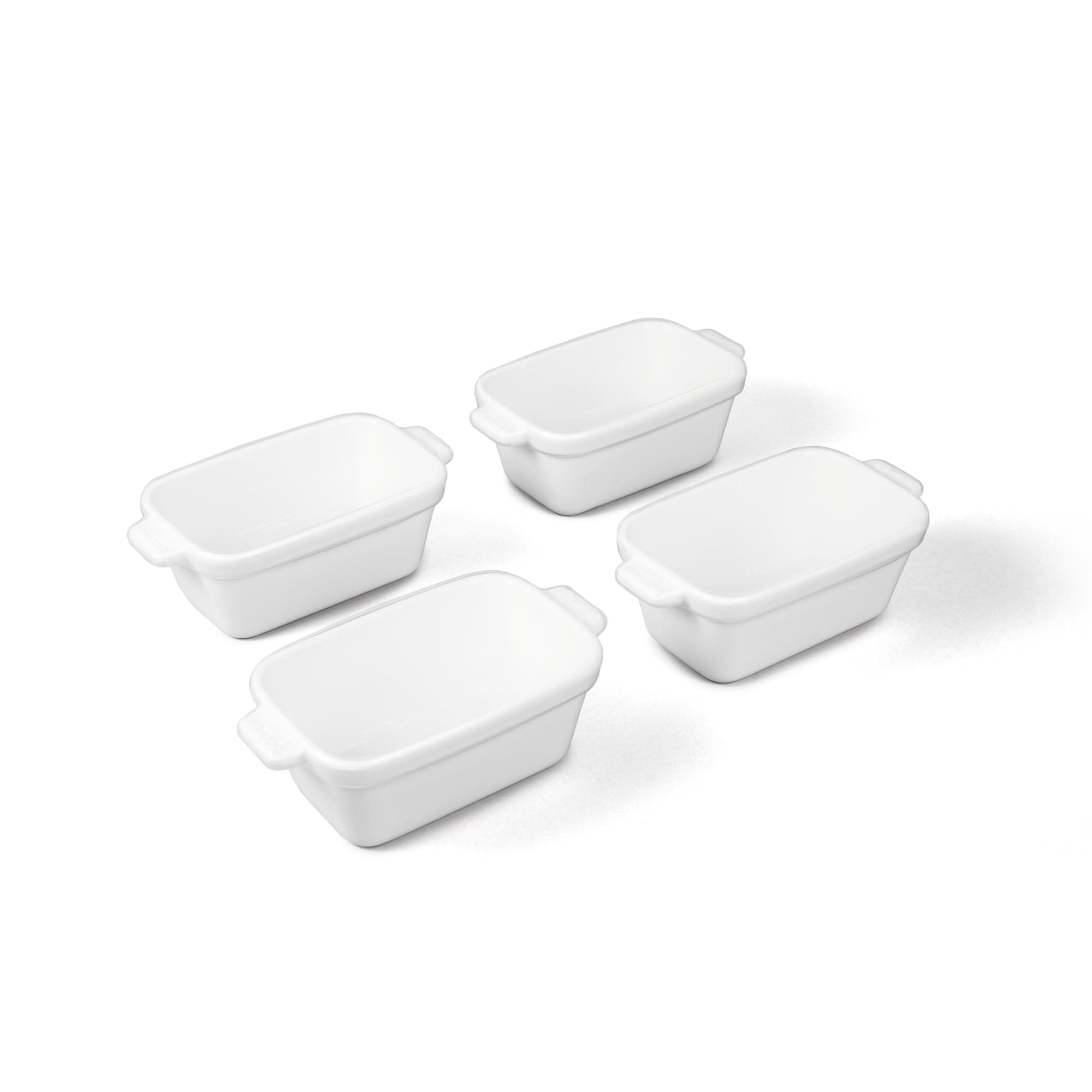 Souper Cubes Stoneware - Small Ceramic 5" x 3" Baking Dish with Silicone Covers, Small Baking Dishes for Oven Perfect for Reheating Single Serve Portions, Set of 4 - White