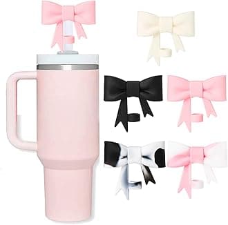 5Pcs Bow Straw Covers Cap Toppers Compatible with Stanley Cup, Cute Pink 10mm Reusable Silicone Straws Topper for 40oz Tumbler with Handle, Stanleys Cups Accessories