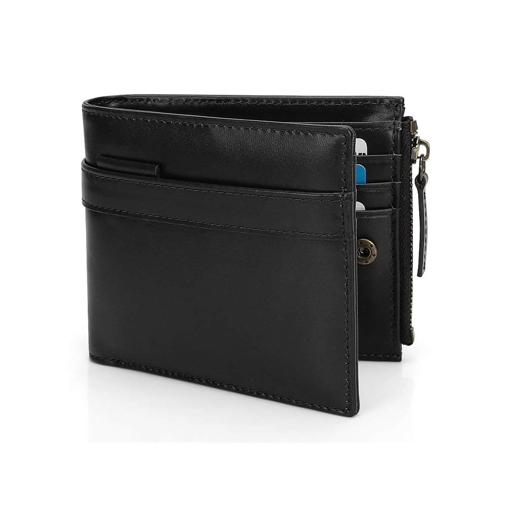 Bifold Wallet for Men Slim RFID&NFC Blocking Soft Leather Wallet Credit Card Holder Coin Pocket Purse with 14 Card Slots,1 ID Window,2 Money Slots,and 1 Zipper Section to Store Coins Keys(Black)