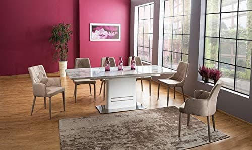Carier Marble Top and White High Gloss Modern Extendable Dining Table