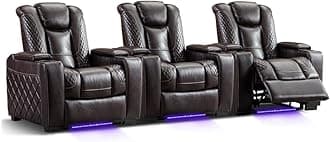 CANMOVHome Theater Seating Set of 3, Faux Leather Electric Power Recliner Chair with Ambient Lighting, Power Power Headrest, Lumbar Support, Cup Holders, Hidden Arm Storage, USB Ports, Brown