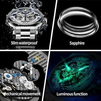 OUPINKE Watch for Men Automatic Wristwatch 3D Dial with 5ATM Waterproof Luminous Calendar Skeleton Watches-Sapphire Crystal Tungsten Steel Strap