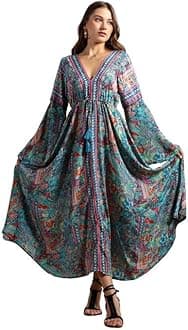 KE KANHA EXPORTS Long Dress for Woman | Boho Maxi Beach Wear Dress for Women | Soft Silky Fabric Border Print with Tassel Tie |Free Size |Size S-M-L