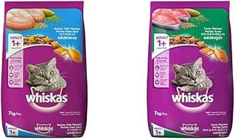 Whiskas Adult (+1 Year) Dry Cat Food, Ocean Fish Flavour, 7kg Pack & Whiskas Adult (+1 Year) Dry Cat Food, Tuna Flavour, 7kg Pack