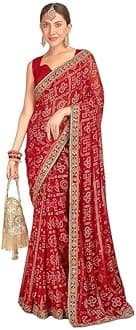 Women's Georgette Bandhani Printed Sequence Embroidery Lace Saree With Unstitched Blouse Piece