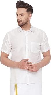 VASTRAMAY Men's Silk Blend Ethnic Shirt - Half Sleeves, South Indian Traditional Shirt for Weddings, Festivals, & Casual Wear