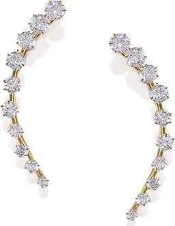 Accessher Gold Plated Clip On Ear Cuffs | with Shiny American Diamond | Non Piercing Ear Wrap | Lightweight Climber Earring | Modern Jewelry | 5cm Long (Pair of 1)