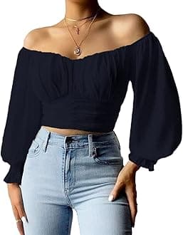 MIRACMODA Womens Elegant Off The Shoulder Puff Sleeve Blouse Summer Chiffon Slim Fit Party Crop Top