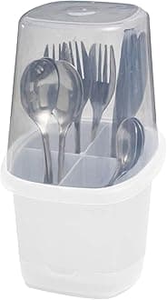 Black Pearl Toledo Cutlery Holder and Utensil Holder with Lid, Plastic Cutlery Organizer for Kitchen, Picnic, Home, BBQ, Party, Camping, Outdoor, Restaurant, White