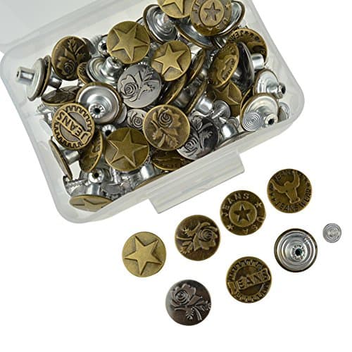 DEWKER 60 Pieces Jeans Button Tack Jacket Buttons Metal Replacement Kit with 60 Pieces Stud Rivet and Storage Box, 6 Styles, Bronze and Silver, 17mm (One Size, Style B)