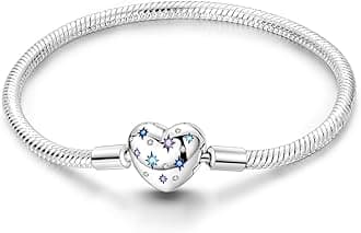 Charm Bracelet for Women Sterling Silver, Heart Clasp Snake Chain Bracelet Travel Charm Moments European Bracelet Jewelry Compatible with Pandora Charms, Gift for Her