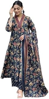 MEERA FABWomen's Cotton Blend Anarkali Printed Kurta with Palazzo & Dupatta