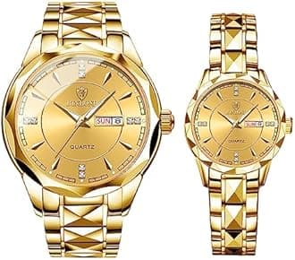 Couple Watches Gift Set: His and Her Rhombus Quartz Analog Stainless Steel Luminous Hands Date 3 ATM Waterproof Business Casual Men Women Watch Sets