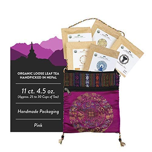 Loose Leaf Tea Sampler Set Travel Pouch, Loose Leaf Tea Set, Nepali Tea Leaves Gift Set, Loose Tea Sampler Tea Kit from the Himalayas, 11ct. 4.5 oz. (Approx. 25 to 30 Cups of Tea) Pink - Nepal Tea