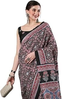 SAREE MALL Women's Ajrak Block Print Dola Silk Saree With Unstitched Blouse Piece