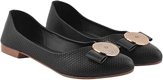 Women's Ballet Flats – Textured Slip-On Bellies with Decorative Bow & Gold Button | Elegant Casual & Office