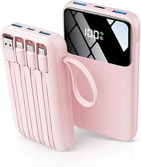 15000mAh Portable Charger with Built-in 4 Cables, 22.5W Fast Charging, 6 Outputs, Slim Travel Essential Battery Pack with LED Display, Compatible with iPhone 17/16/15/14, Samsung, iPad