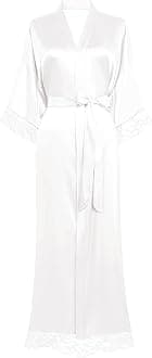 Satin Kimono Robe Silky Long Bridesmaid Wedding Lightweight Bath Robe with Lace Trim