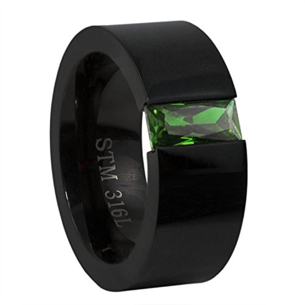 Stainless Steel Ring Black Squared Band Green Rectangular Floating Cz
