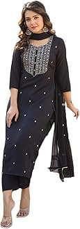 GoSriKi Women’s Cotton Blend Embroidered Kurta Set with Pant & Dupatta – Straight Calf‑Length, 3/4 Sleeve, Round Neck – Elegant Ethnic Attire (5 Colors, S–5XL)