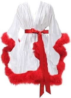 Changuan Women's Feather Robe Silk Satin Fur Bridal Robe Short Dressing Gown Bathrobe Lingerie Nightgown Sleepwear