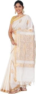 Women Kerala Kasavu Cotton Sarees, Beige