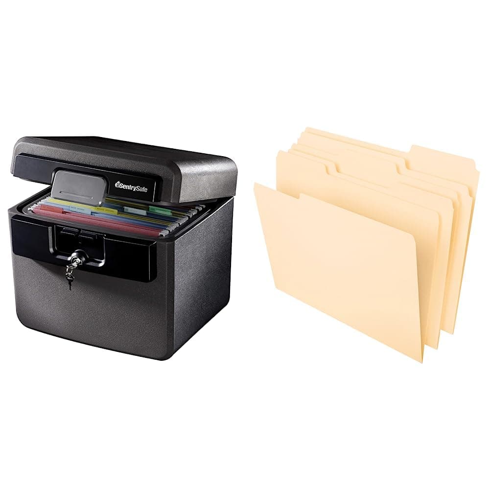 Sentry Safe Safe Box, 14.3 x 15.5 x 13.5, Black & Pendaflex File FoldersLetter Size, 8-1/2" x 11",- Key, Classic Manila, 1/3-Cut Tabs in Left, Right, Center Positions, 100 Per Box (65213)