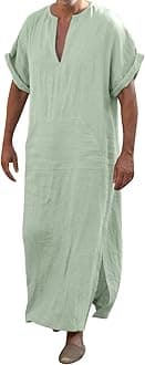 Kaftan Thobe Mens Short Sleeve V-Neck Linen Robe Big and Tall Muslim Robe Casual Loose Lightweight Long Sleeping Gown