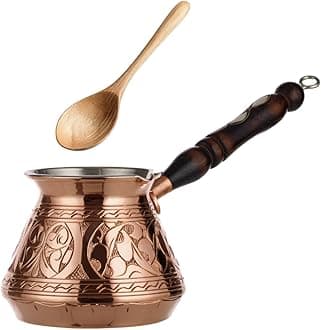 DEMMEX Thickest Copper Turkish Coffee Pot Cezve Ibrik Stovetop Coffee Maker Greek Coffee Briki with Wooden Handle & Spoon, Hand Engraved