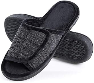 DL Adjustable Mens Slippers Memory Foam, Open Toe House Slippers for Men Comfy Indoor Outdoor, Cozy Breathable Slide Bedroom Velcor Slippers Size 7-14 Black Gray Navy Brown