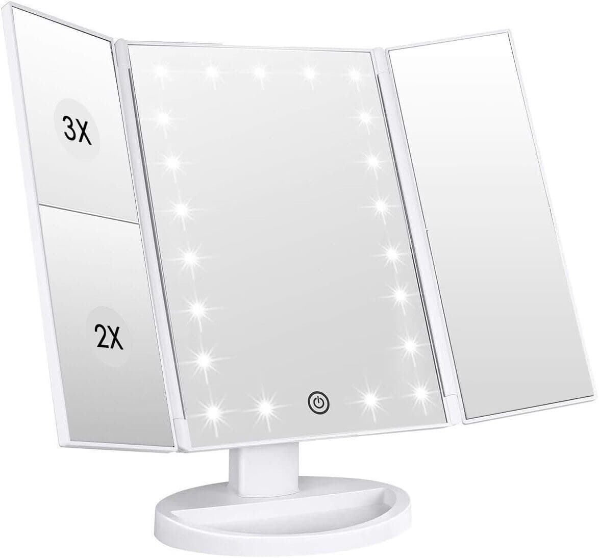 WEILY Makeup Vanity Mirror with 21 LED Lights and Touch Screen, Tri-Fold 1x 2X 3X Magnification,180° Adjustable Rotationand USB Powered,Countertop Cosmetic Makeup Mirror (White)