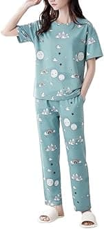 SMOWKLY Women’s Korean Style Night Suit Set | Cotton Half Sleeve Top & Pyjama Set | Round Neck Printed Nightsuit | Comfortable Nightwear & Loungewear for Women