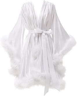 Changuan Feather Bridal Robe Puffy Silk Satin Lingerie Photoshoot Short Fur Nightgown Bridesmaids Robes Bathrobe Sleepwear Baby Shower Dress White Small-Medium