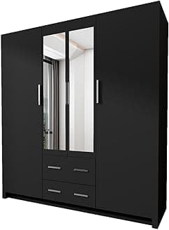 INTERWOOD London Four Doors Wardrobe – Modern Storage Cabinet with Mirror, Hanging Rail, Adjustable Shelves & Chrome Handles & Drawers for Bedroom Furniture (BLACK, 171 CM)