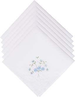 Selected Hanky Women's Cotton Handkerchiefs Flower Embroidered with Lace, Ladies Hankies 6 Pcs - Blue Floral