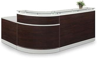 NBF L Shaped Modern Reception Desk with Counter - 79" W x 63" D Retail Checkout Counter - Curved Front Desk Reception Counter - Countertop Welcome Desk for Office Lobby Salon Store (Mahogany)