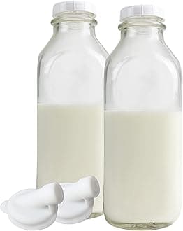 The Dairy Shoppe Heavy Glass Milk Bottles 33.8 Oz Jugs with Extra Lids