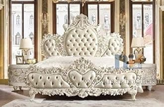Queen Size Teak Wood Bed with 2 Matching Side Tables – Hand-Carved Design, Luxurious Upholstered Cushioning in White.